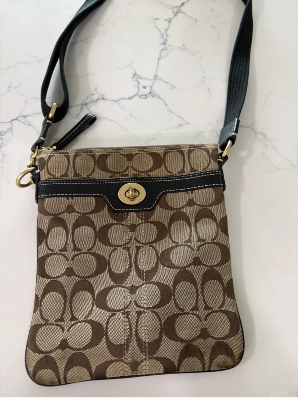 Coach Signature Canvas Crossbody in Brown and Khaki with Gold Hardware